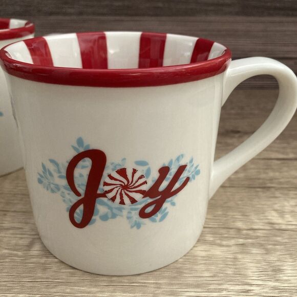 Set of 2 Starbucks Holiday 2007 Joy Mugs Christmas Peppermint Candy Striped 14oz - Picture 6 of 11